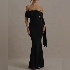 CLUB  L LONDON BLACK DRESS 
Black Bardot-Neck Maxi Dress With Sash Detail